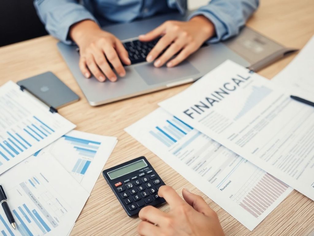 Persoană analizând documente financiare la birou.