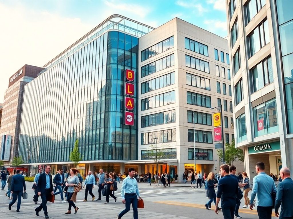 Peisaj urban vibrant cu clădiri de birouri moderne.