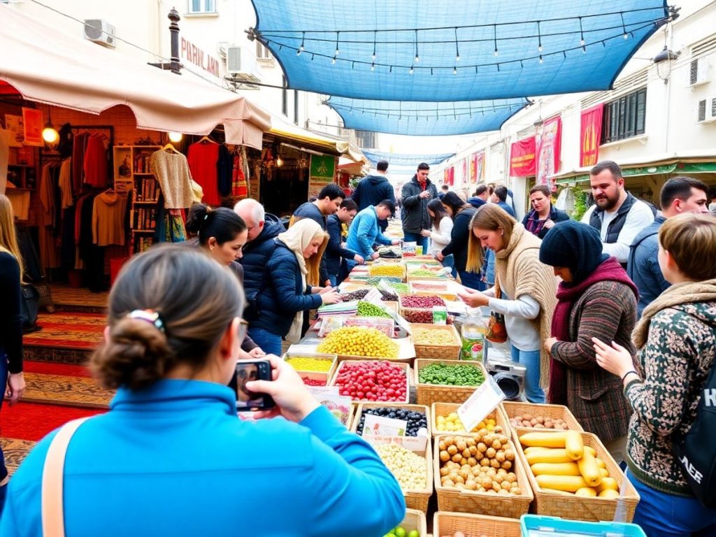 Scenă de afaceri vibrantă în România, oameni și produse locale.