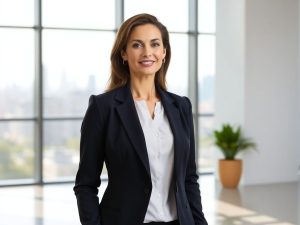 DirectBusiness 9 Femeie de afaceri zâmbind în timp ce privește înainte.