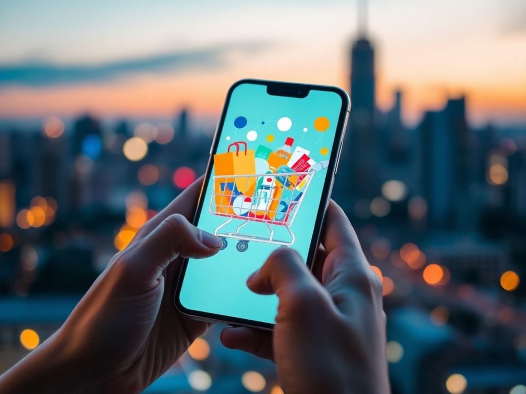 Cumpărături online, coș plin, ecran digital, succes