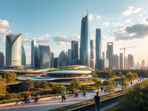 Peisaj urban modern cu clădiri futuriste și spații verzi.
